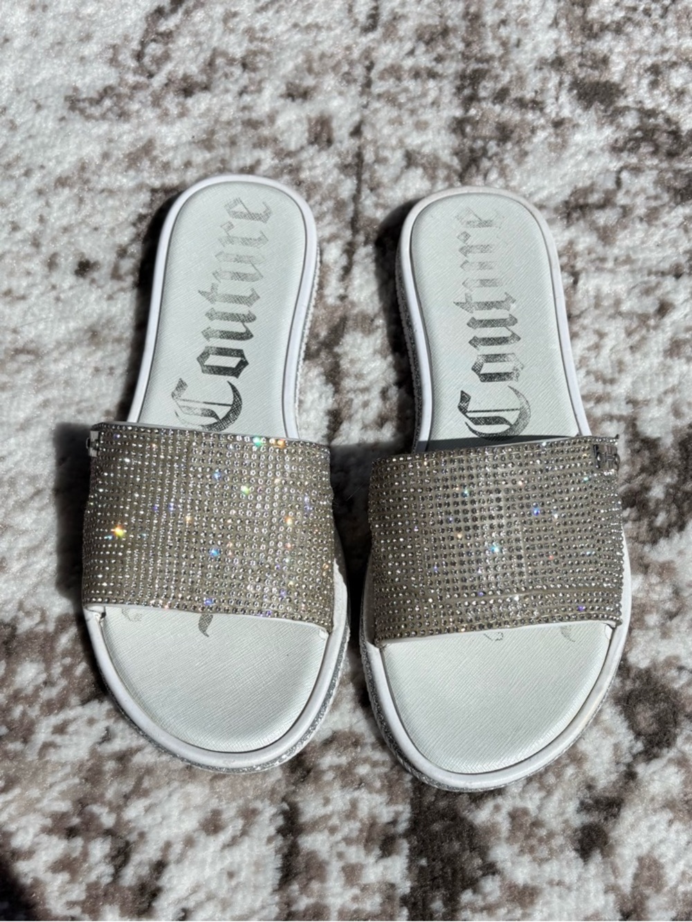 Y2K Juicy Couture Yippy White Slide Sandals with Silver Crystal Rhinestones - Picture 7 of 12